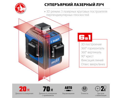 ЗУБР КРЕСТ 3D нивелир лазерный 3х360°, 20м/70м, точн. +/-0,3 мм/м