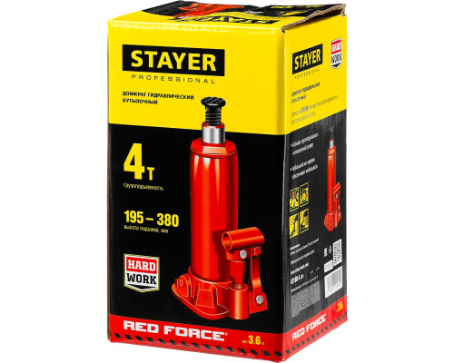 STAYER RED FORCE 4т 195-380мм домкрат бутылочный гидравлический