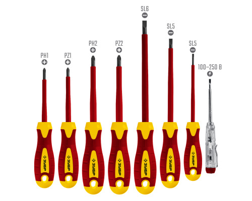 Набор: Отвертки SL 3, 5, 6 / PH 1, 2 / PZ 1, 2, тестер 100-250 В, ЗУБР ″Профессионал″ 25268, в кейсе, 8 предметов