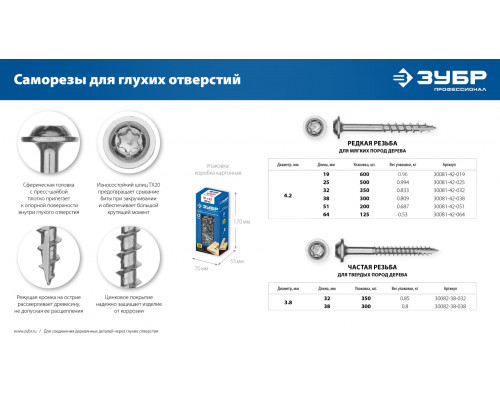 ЗУБР Саморезы для глухих отверстий, 51 х 4.2 мм, 200 шт, редкая резьба, оцинкованные