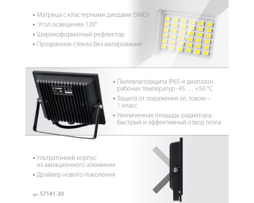 ЗУБР ПСК-30, 30 Вт, 6500 К, IP 65, светодиодный прожектор, Профессионал (57141-30)