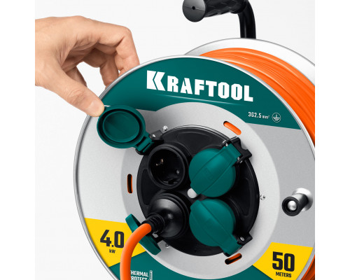 KRAFTOOL ПВС 3х2.5 50м 4000Вт IP44, Силовой удлинитель на стальной катушкеEXPERT (55089-50)