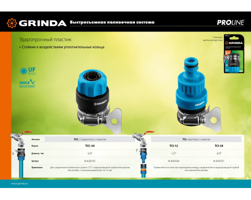 GRINDA PROLine TСI-34, 3/4″, адаптер штуцерный, с хомутом, с внутренней резьбой