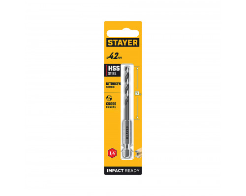 STAYER НЕХ-1/4″, d 4.2 х 98 мм, сверло по металлу для винтовёртов и шуруповертов IMPACT READY (29603-4.2)