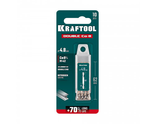 KRAFTOOL DOUBLE Сo-8 4.8х62мм, Сверло двухстороннее по металлу, сталь M42(+8%Co), класс А (29654-4.8-10)