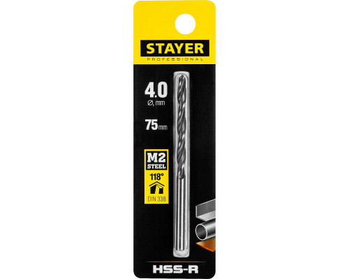 STAYER PROFI 4.0х75мм, Сверло по металлу HSS-R, быстрорежущая сталь М2(S6-5-2)