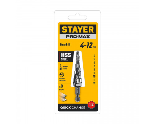 STAYER Pro-Max 4-12мм, 9 ступеней, винтовая спираль, сверло ступенчатое (29661-4-12-9)