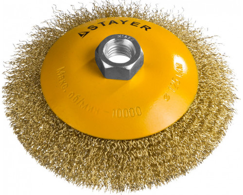STAYER ″PROFESSIONAL″. Щетка коническая для УШМ, витая стальная латунированная проволока 0,3мм, 125ммхМ14