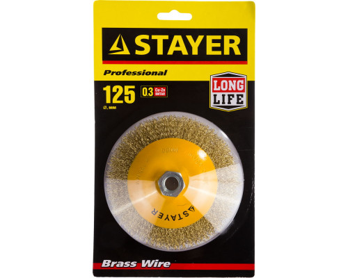 STAYER ″PROFESSIONAL″. Щетка коническая для УШМ, витая стальная латунированная проволока 0,3мм, 125ммхМ14