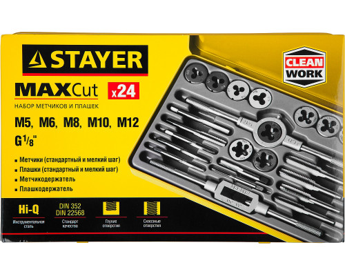 STAYER MaxCut 24 предмета, набор метчиков и плашек, легированная сталь